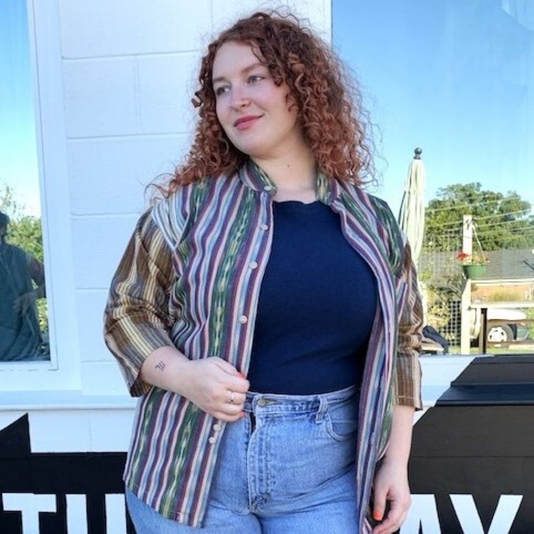 Patchwork Ikat Three Quarter Sleeve Button Up Shirt