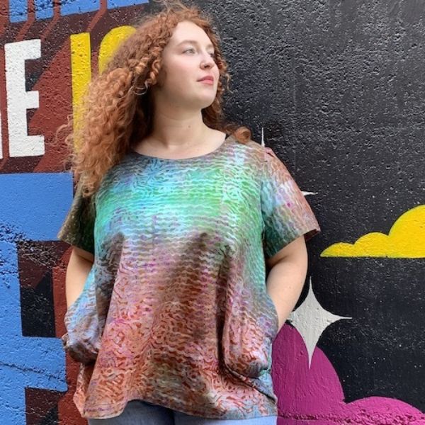 Green Orange and Purple Waves Batik Short Sleeve Bubble Top