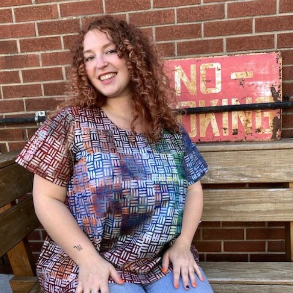 Blue Red and Orange Lines Batik Short Sleeve Bubble Top