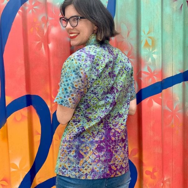 Turquoise Batik Short Sleeve Button Up Shirt (Back)