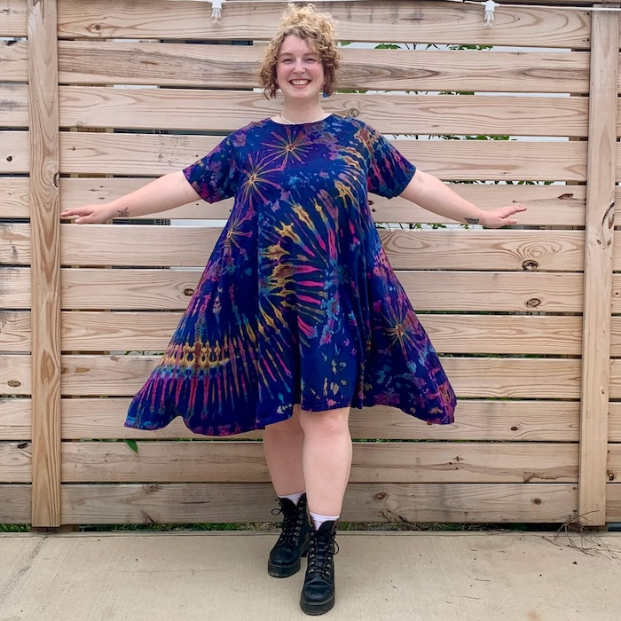 tie dye short sleeve dress La Cera Cotton Knit Short Sleeve Blue Yellow Tie-Dye Dress, XL