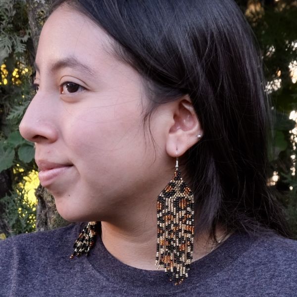 Animal Print Long Beaded Fringe Earrings