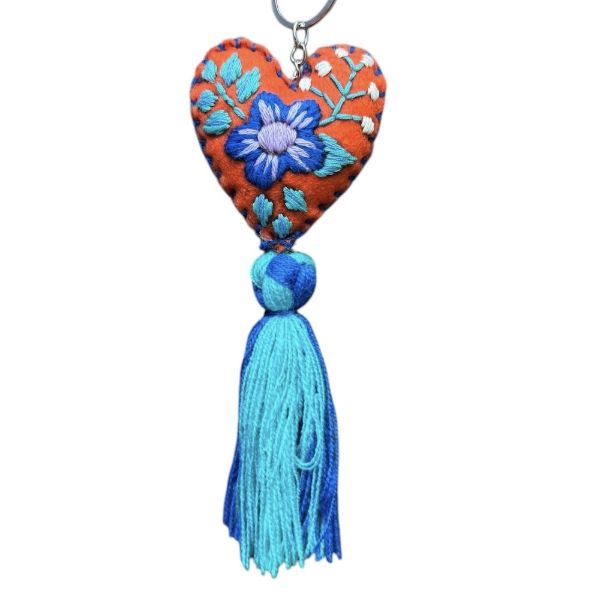 Embroidered Heart Tassel Keychain
