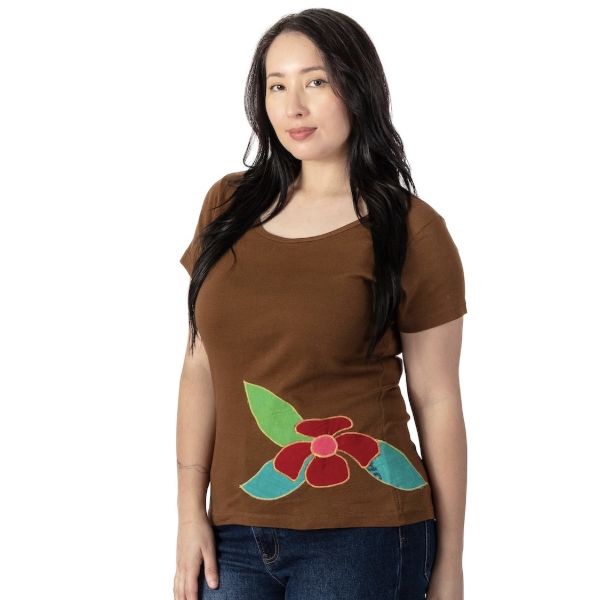 Floral Upcycled Fabric Patch Scoop Neck Fitted T-Shirt