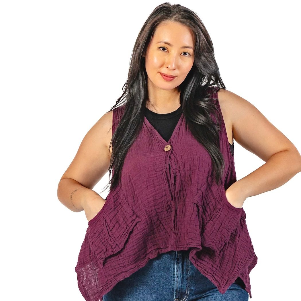 Plum Purple Gauzy Cotton Coco Button Vest