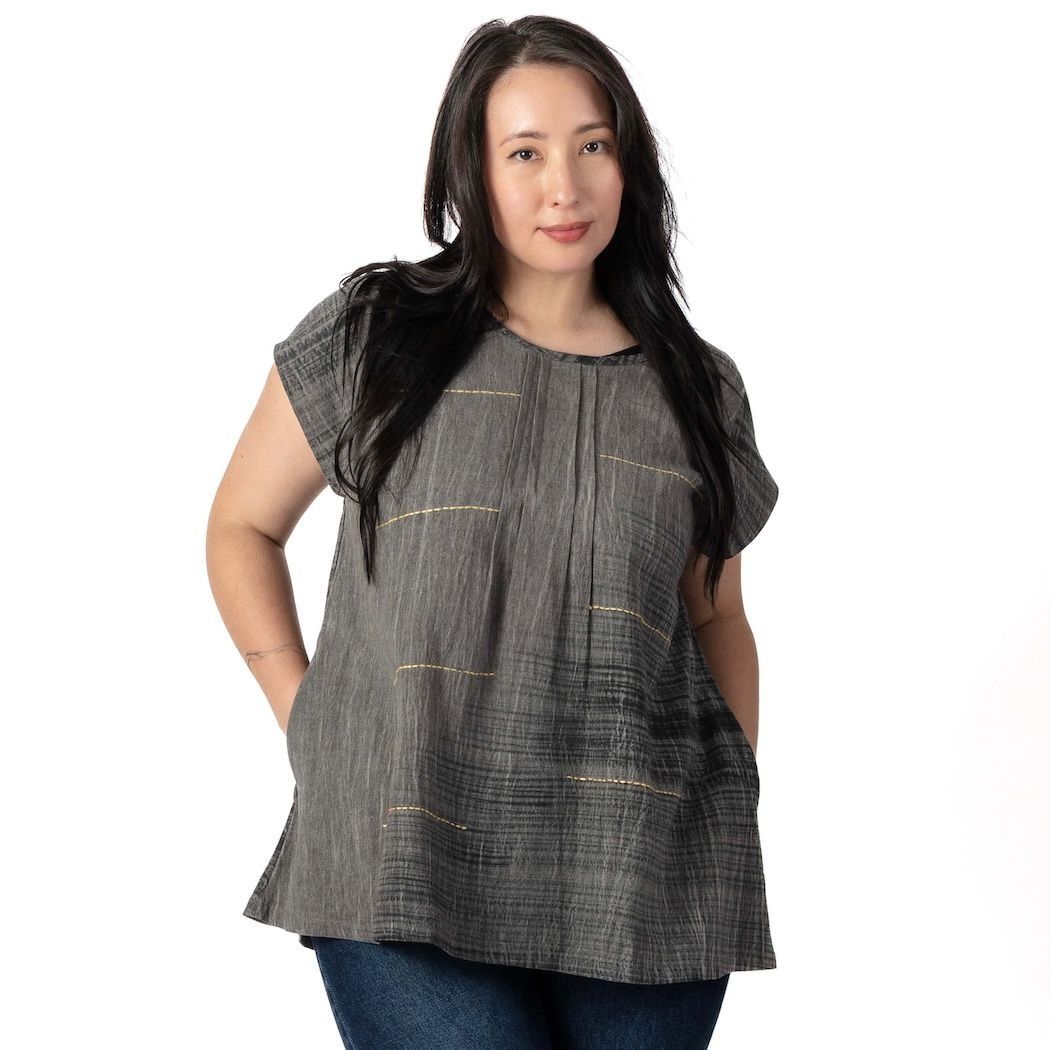 Dashes Embroidered Cap Sleeve Top