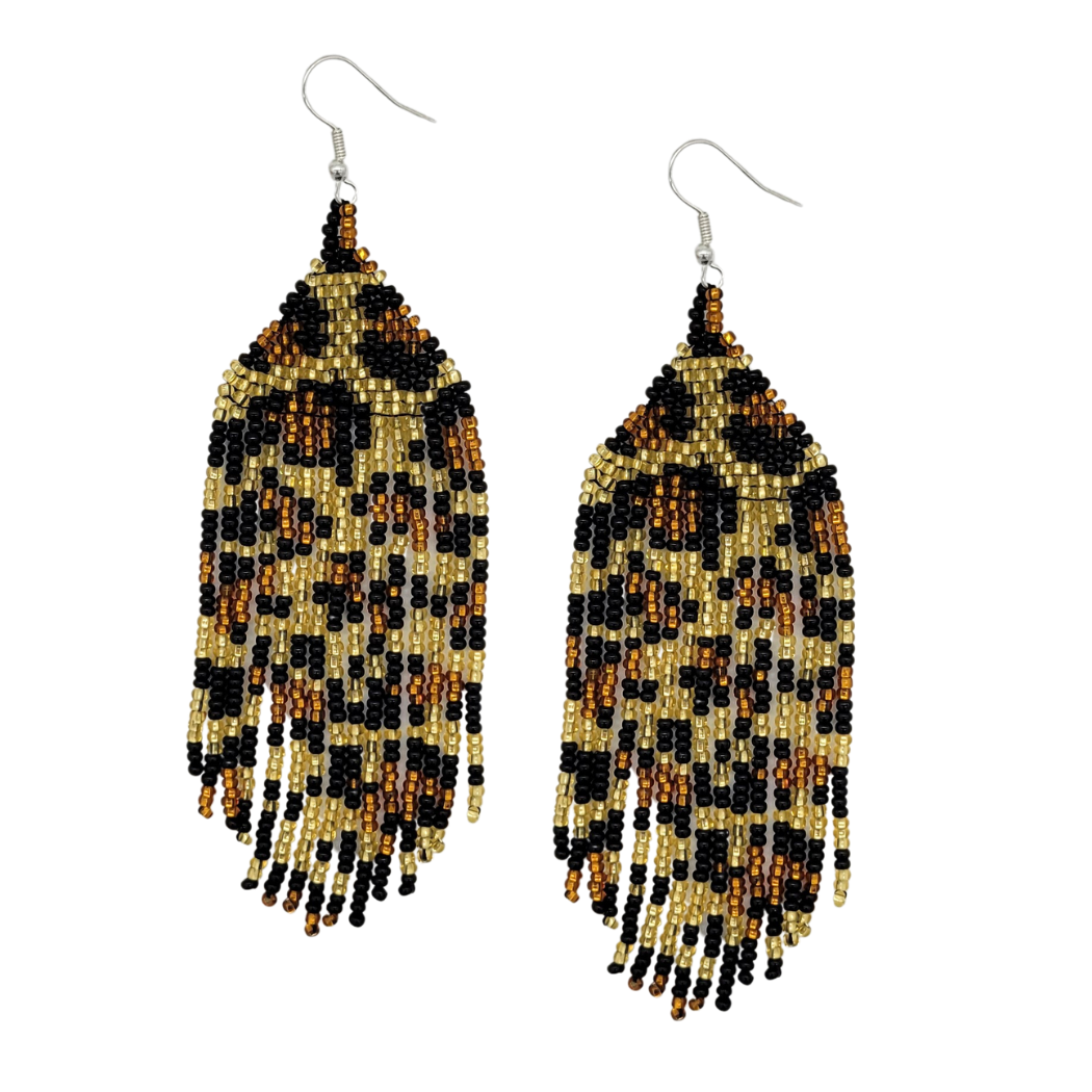 Animal Print Long Beaded Fringe Earrings
