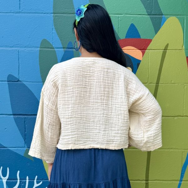 Cotton 3/4 Sleeve Front Tie Crop Top