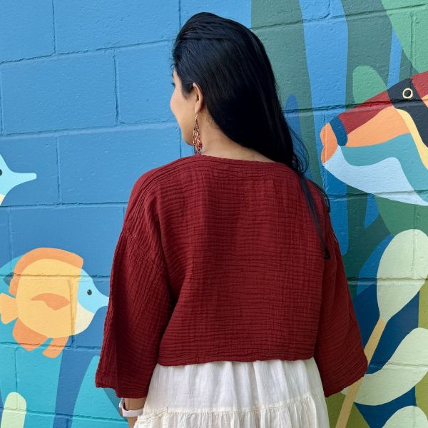 Cotton 3/4 Sleeve Front Tie Crop Top