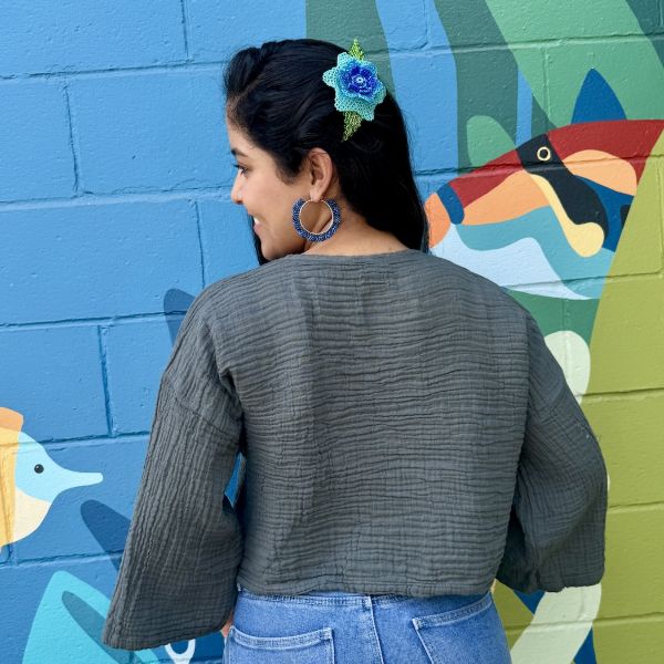 Cotton 3/4 Sleeve Front Tie Crop Top