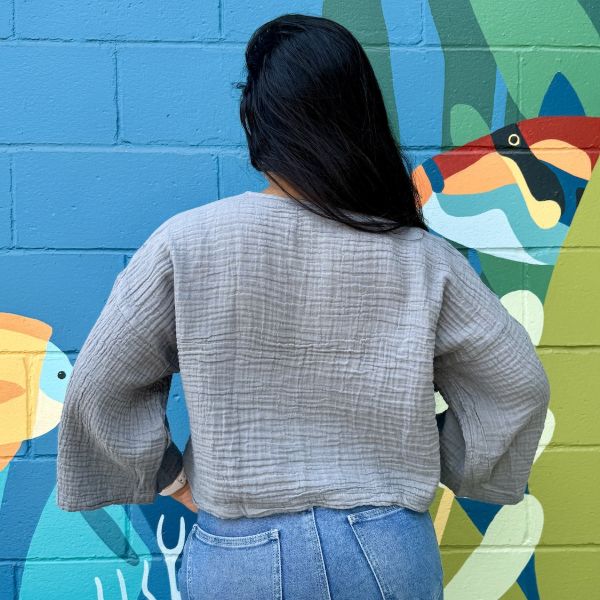 Cotton 3/4 Sleeve Front Tie Crop Top