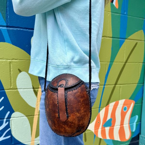 Handcrafted Ghanaian Leather Trim Gourd Bag Large