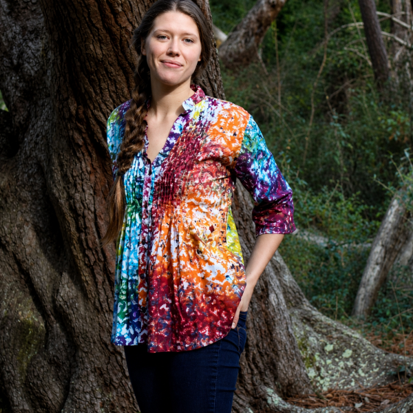 Batik Print Three Quarter Sleeve Pleated Front Top
