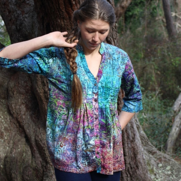 Batik Print 3/4 Sleeve Pleated Front Top