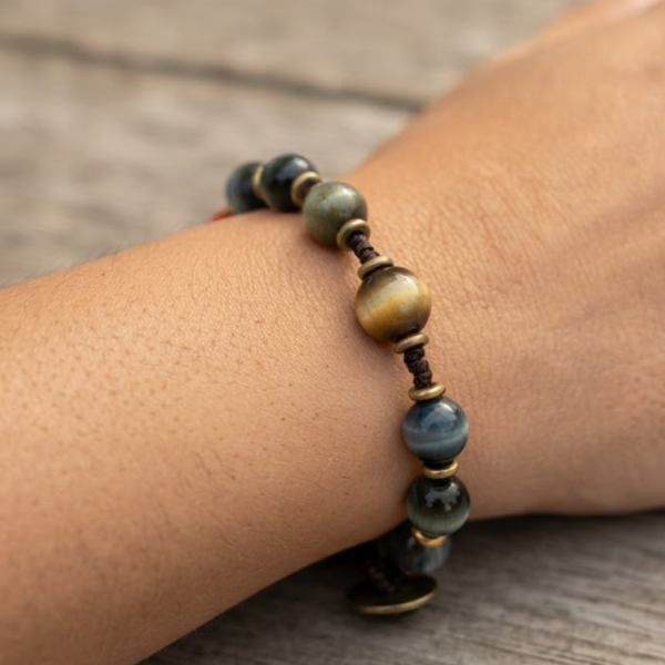 Blue Tiger's Eye Brass and Stone Bracelet