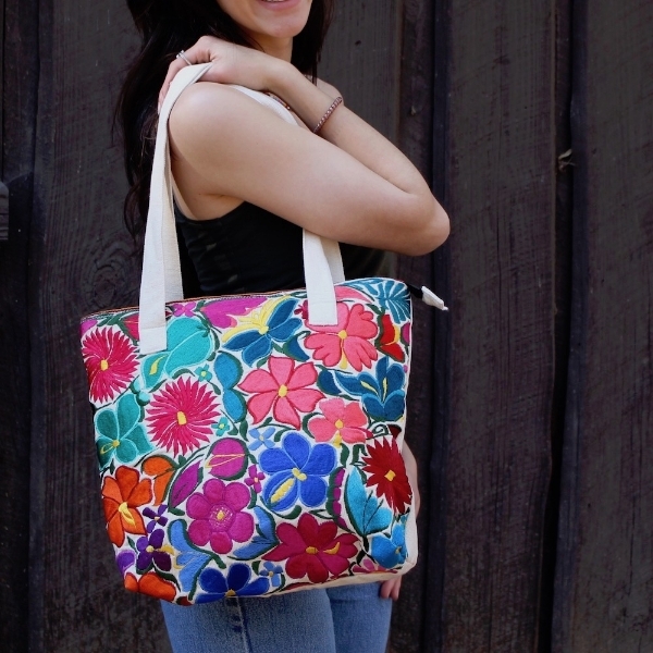 wild blossom embroidered tote bag